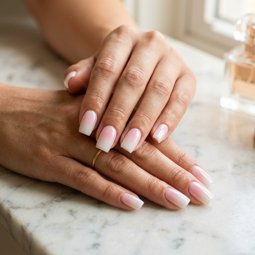 Summer Nails Square Medium 2026: Milky White Aura Milky White Subtle Aura Square nails: sheer base with soft pink aura, perfect for weddings.