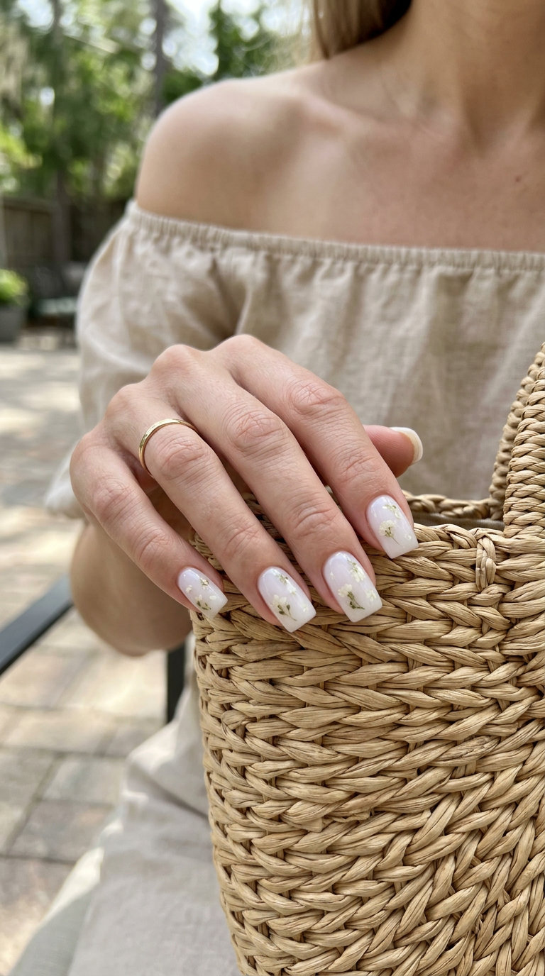 Milky White Petal Nails - Summer Nails Square Medium 2026 Milky white square nails with embedded petals for a romantic summer event. Perfect for weddings.