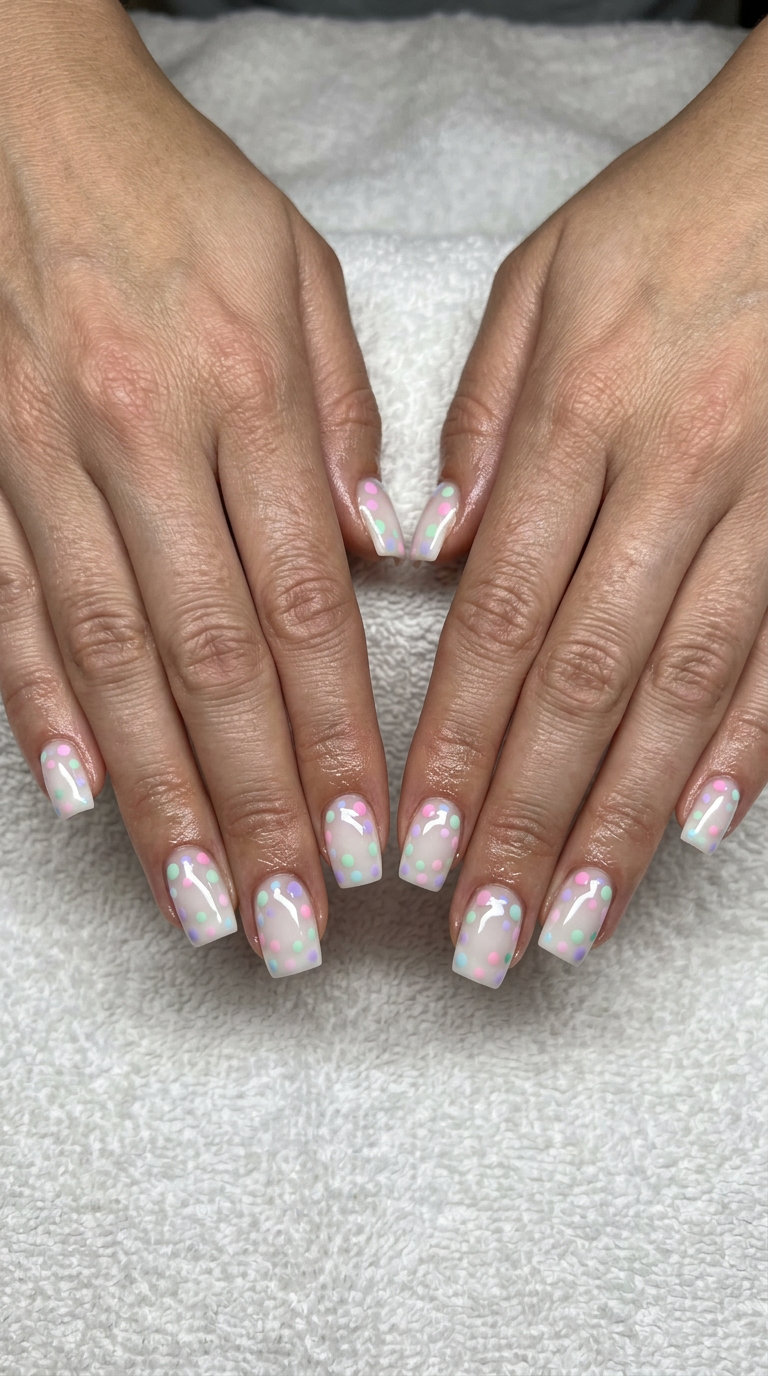 Pastel Dot Nails - Summer Nails Square Medium 2026 Pastel abstract milky dots square nails for a playful summer style in 2026.