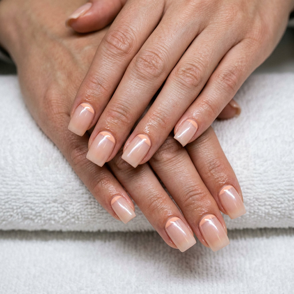 Summer Nails Square Medium 2026: Peach Fuzz Cuticle Crescent Peach Fuzz Cuticle Crescent nails: sheer nude with peach crescent at cuticle, romantic for bridal showers.