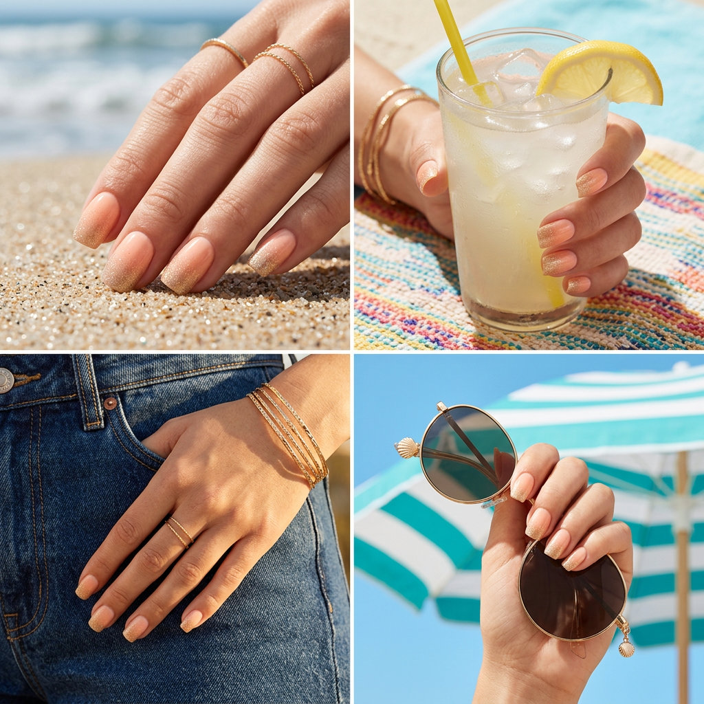 Sunset Glitter Peach French Nails 2026 Sunset Glitter Peach French: Medium square nails with sheer nude base, peach fuzz gradient, and gold glitter tips. Summer nails square medium 2026.