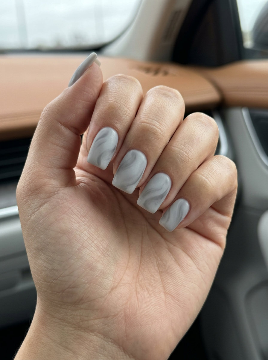 Velvet Grey Swirls - Summer Nails Square Medium 2026 Textured velvet grey swirls square nails for a chic summer style in 2026.