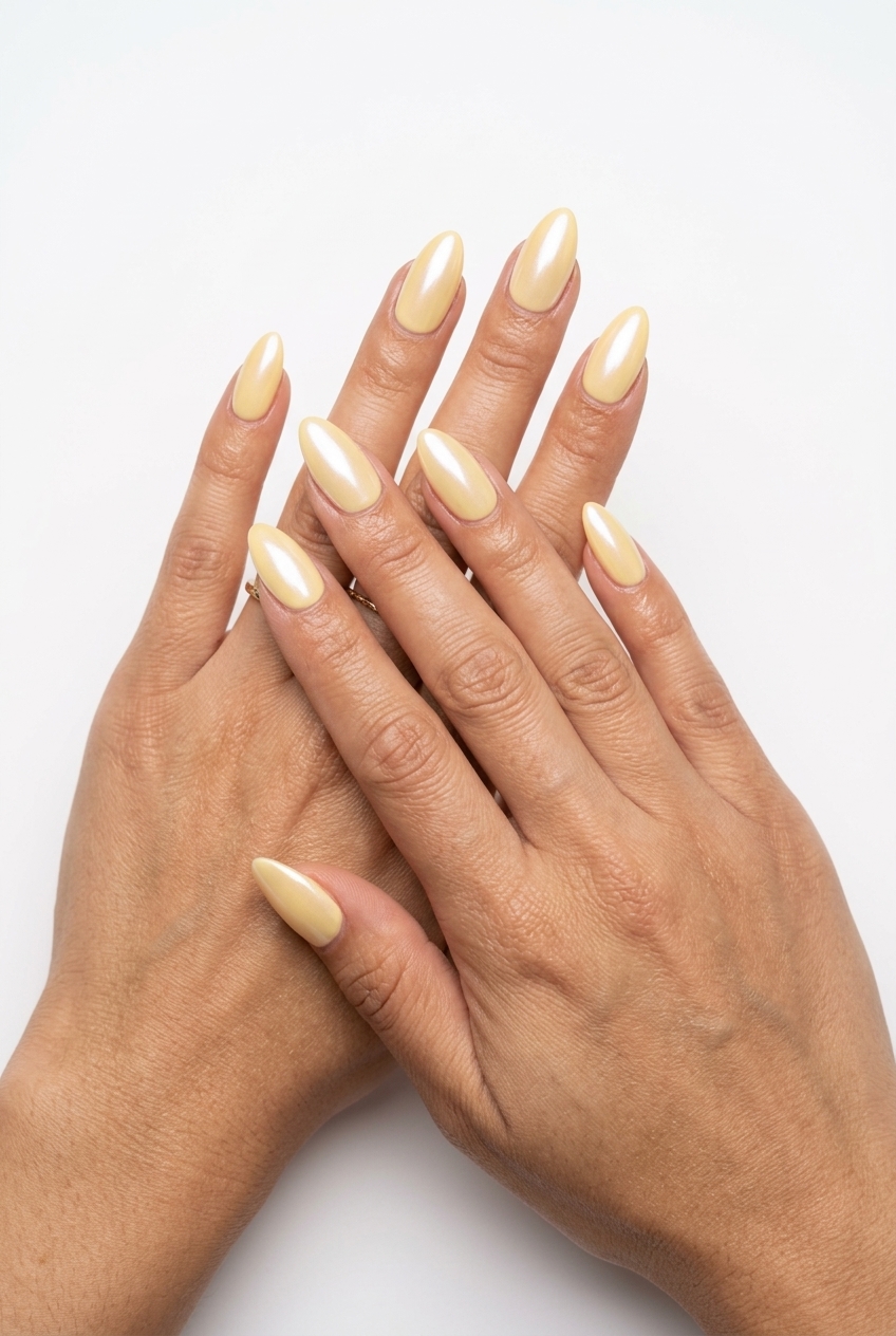 Butter Yellow Glazed Nails 2026 | Date Night Luxe Butter yellow glazed donut almond nails for summer nails yellow 2026. Glamorous date night look.