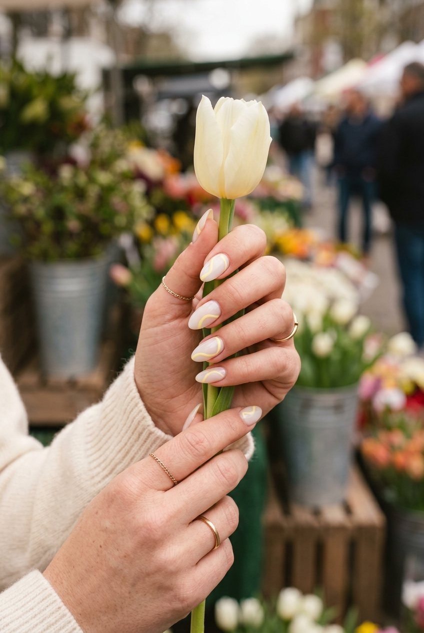 Butter Yellow Lines Nails 2026 | Minimalist Chic Butter yellow abstract lines on sheer nude nails for summer nails yellow 2026. Minimalist chic office style.