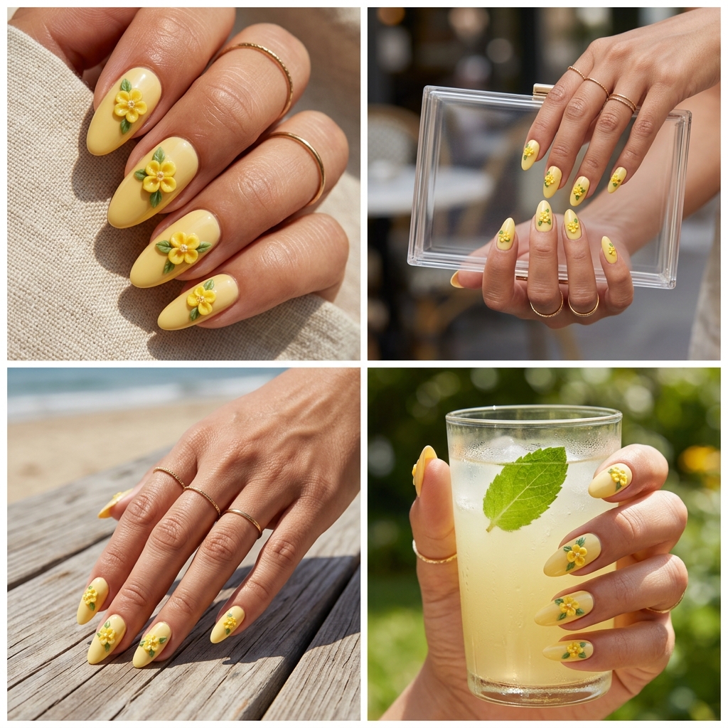 Butter Yellow 3D Flower Charm Nails 2026 Playful butter yellow 3D flower charm nails for summer nails yellow 2026 vacation.