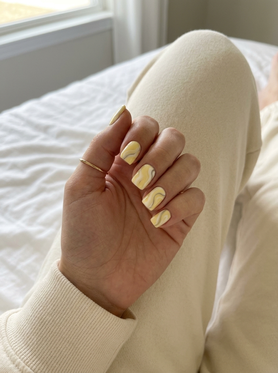 Summer Nails Yellow 2026: Marble Square Office Style Butter Yellow Marble Square nails for summer 2026: sophisticated, artistic, and office-appropriate.