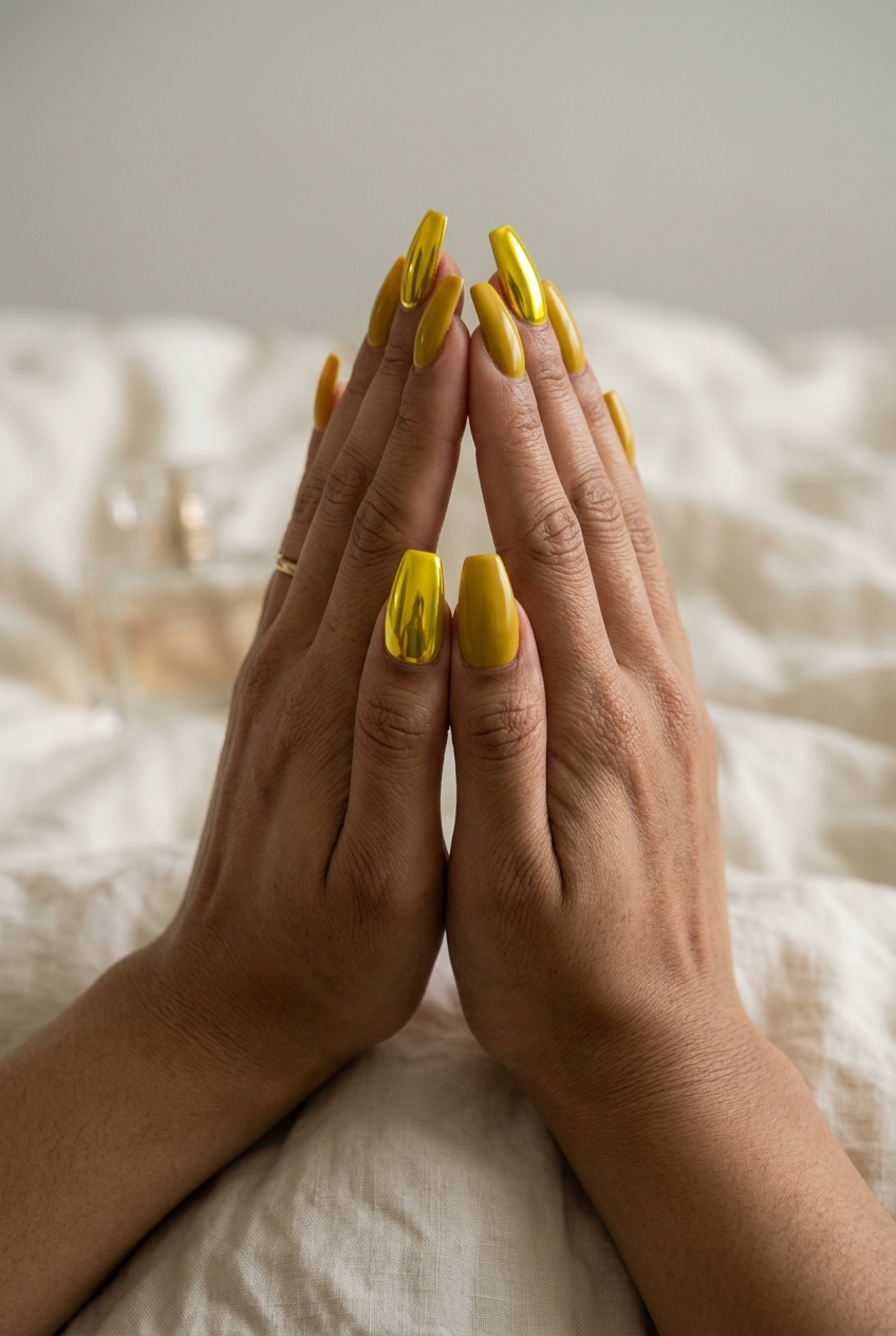 Summer Nails Yellow 2026: Chrome Accent Edgy Style Lemon Zest Chrome Accent Coffin nails for summer 2026: edgy, futuristic, and perfect for a night out.