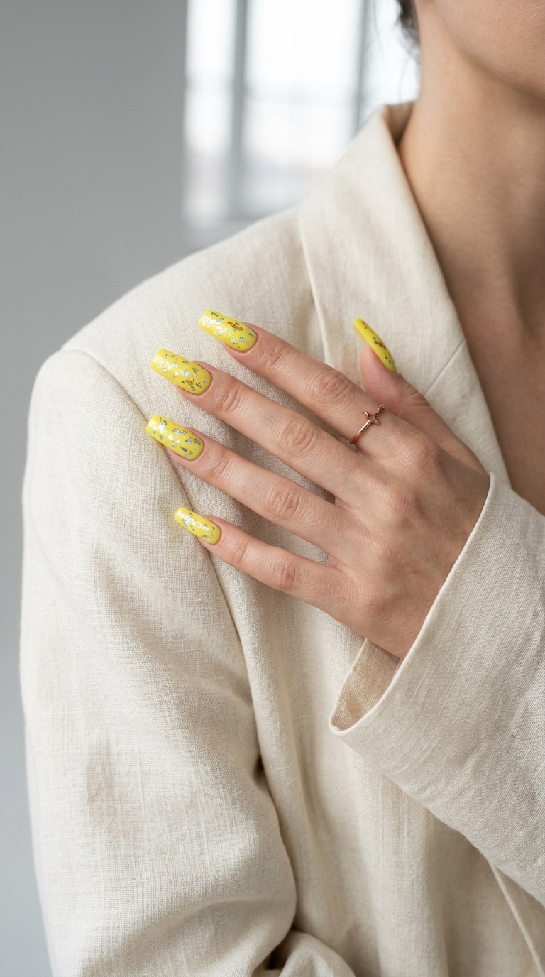 Lemon Zest Foil Flake Nails 2026 Glamorous lemon zest yellow nails with holographic foil flakes for summer nails yellow 2026 parties.