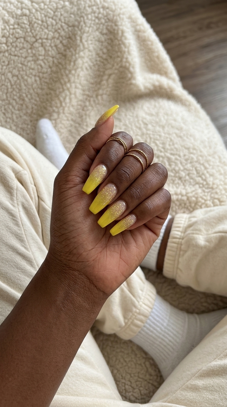 Summer Nails Yellow 2026: Glitter Ombre Party Style Lemon Zest Glitter Ombre nails for summer 2026: vibrant yellow to clear with gold glitter, perfect for parties.
