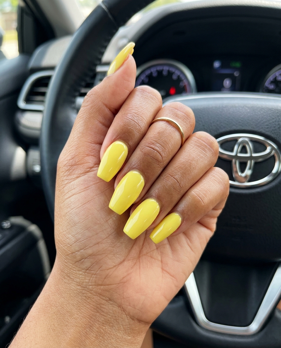 Lemon Zest Solid Coffin Nails 2026 Vibrant lemon zest yellow coffin nails for playful summer nails yellow 2026 parties.