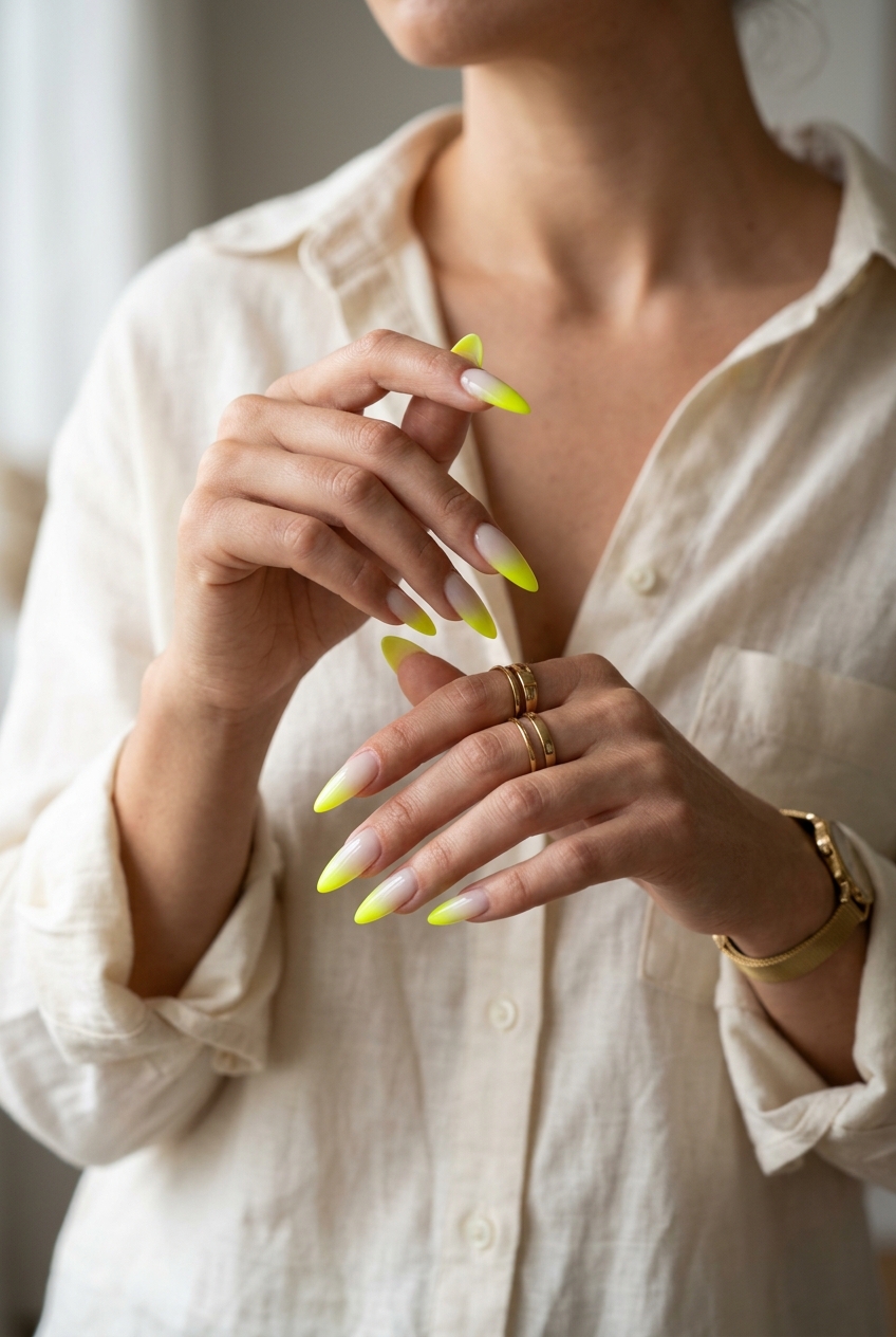 Neon Yellow Gradient Stilettos 2026 | Festival Bold Neon yellow airbrush gradient stiletto nails for summer nails yellow 2026. Bold festival statement.