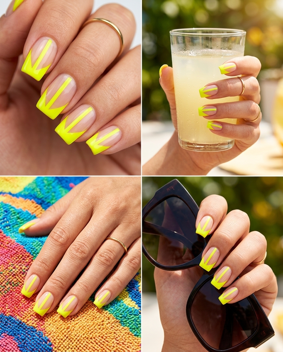 Neon Yellow Lines Nails 2026 | Festival Style Neon yellow negative space lines on coffin nails for summer nails yellow 2026. Edgy festival look.