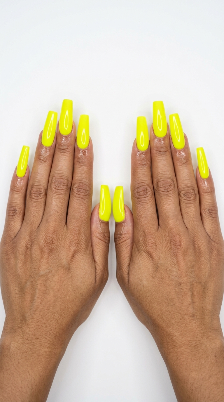 Summer Nails Yellow 2026: Neon Pipe Festival Style Neon Yellow Solid Pipe nails for summer 2026: edgy, bold, and perfect for festivals.