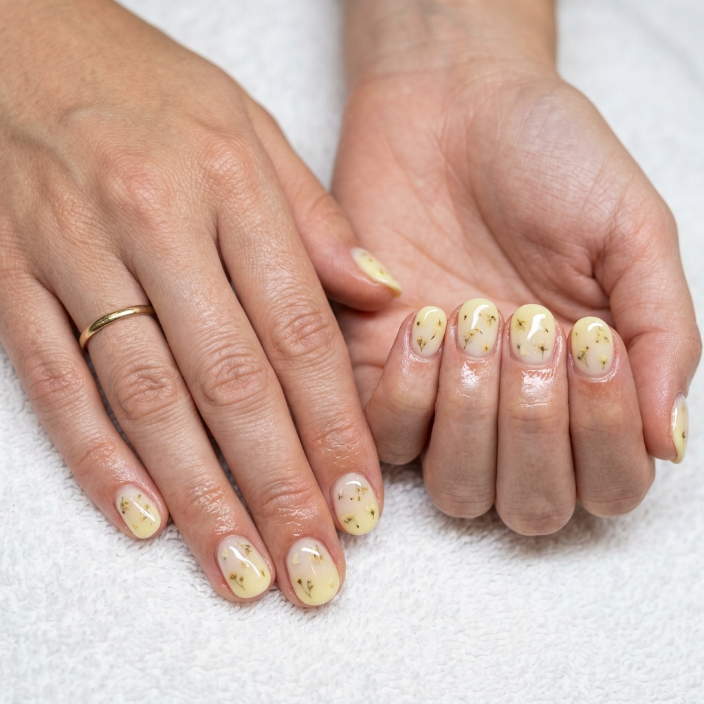 Pastel Yellow Milk Bath Floral Nails 2026 Whimsical pale pastel yellow milk bath nails with encapsulated florals for summer nails yellow 2026.
