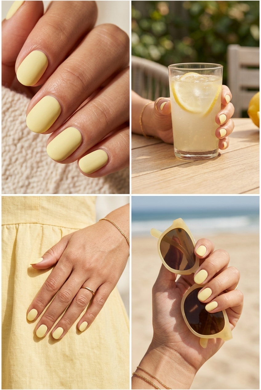 Pastel Yellow Velvet Matte Nails 2026 Minimalist pale pastel yellow velvet matte nails for chic summer nails yellow 2026 office looks.