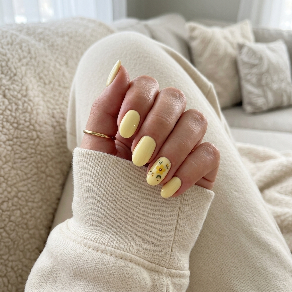 Pastel Yellow Floral Nails 2026 | Garden Party Pale pastel yellow floral decals on short square nails for summer nails yellow 2026. Whimsical garden party look.