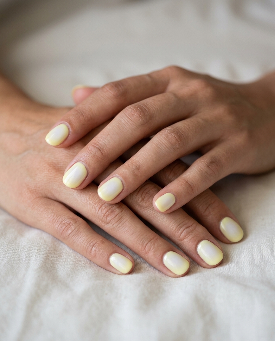 Pastel Yellow Aura Nails 2026 | Wedding Guest Pale pastel yellow aura gradient nails for summer nails yellow 2026. Romantic wedding guest style.