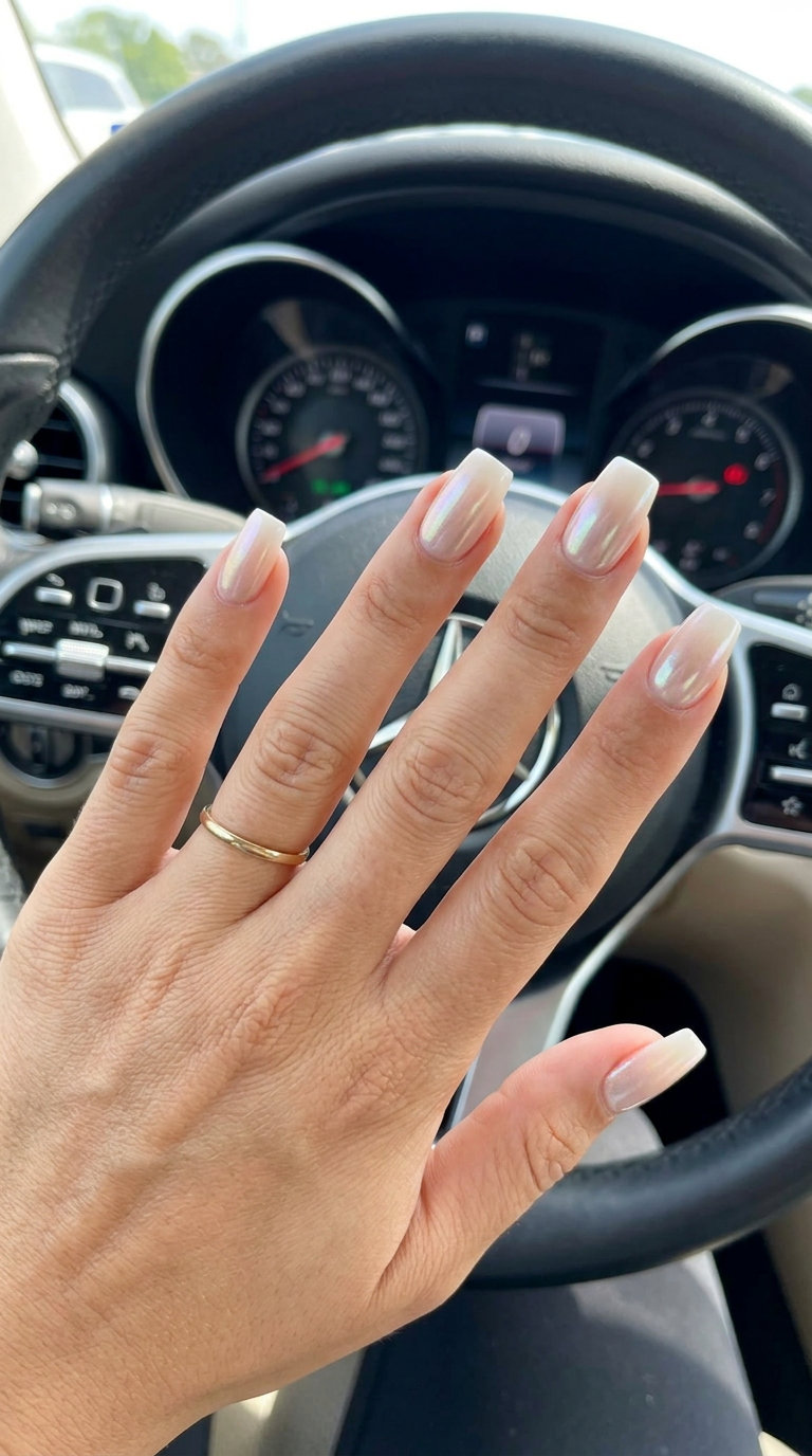 Chic Summer Ombre Nails 2026: Chrome Dust Elegance Sophisticated business casual summer ombre nails 2026 with neutral beige to pearlescent white chrome dust.