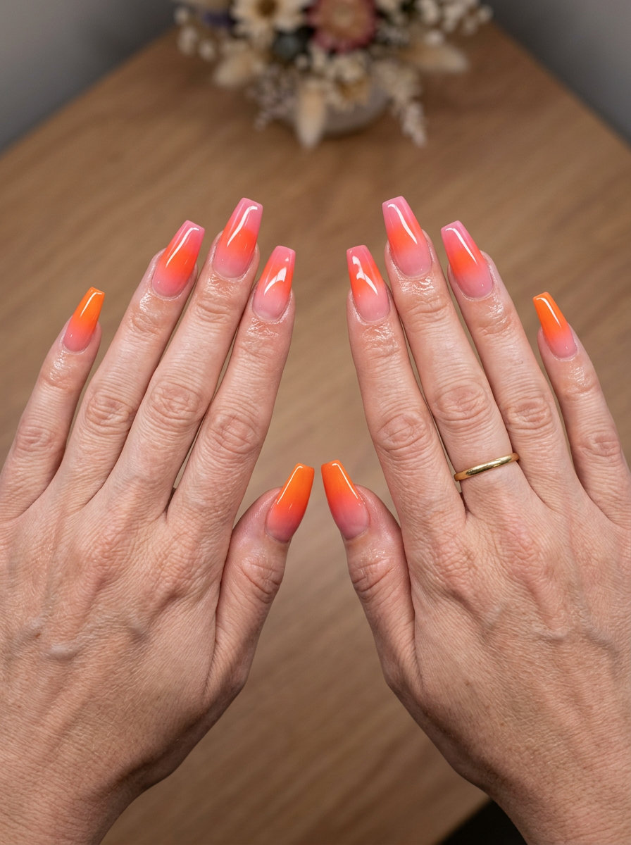 Glamorous Summer Ombre Nails 2026: Sunset Gradient Stiletto Glamorous party summer ombre nails 2026 in sunset gradient stiletto.