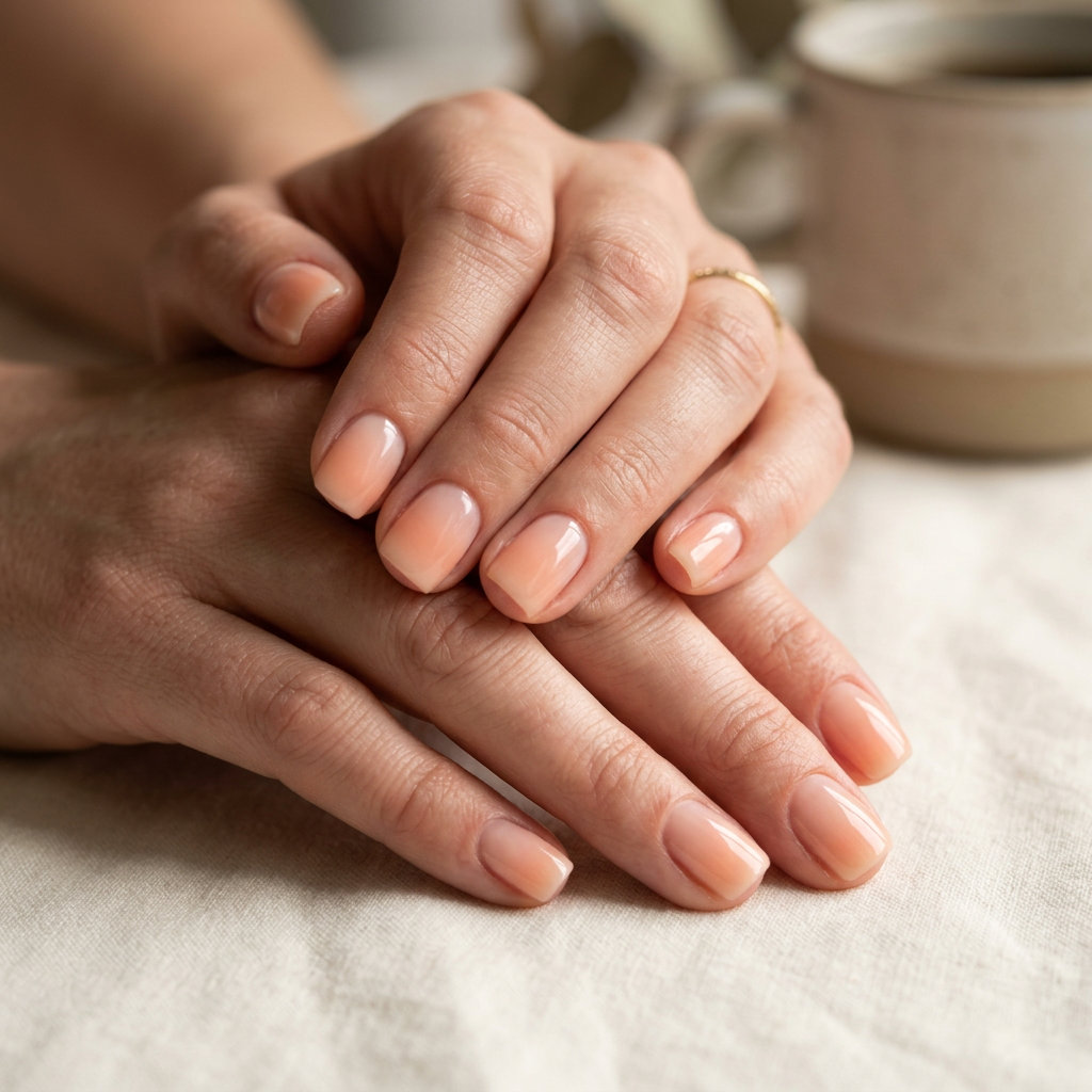Understated Summer Ombre Nails 2026: Milky Peach Reverse Soft daily summer ombre nails 2026 in milky peach reverse ombre short square.
