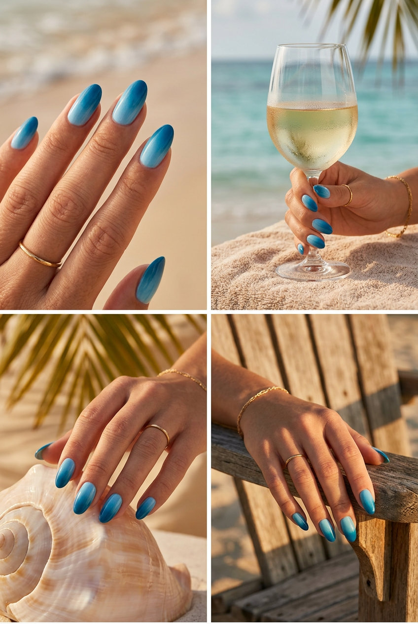 Ocean Blue Reverse Ombre Nails 2026 | Relaxed Vacation Style Ocean Blue Reverse Ombre Long Oval nails for summer ombre nails 2026, ideal for relaxed vacation vibes.