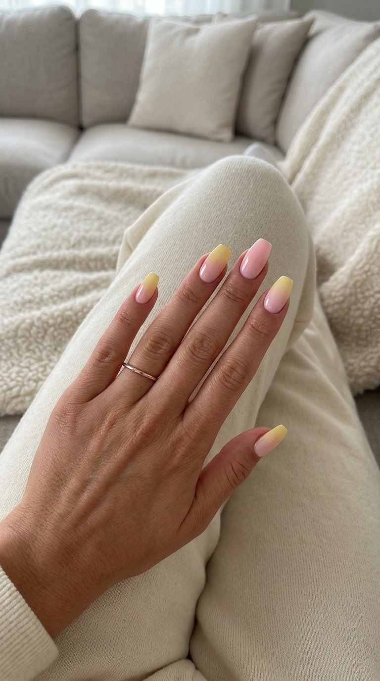 Pastel Yellow & Pink Ombre Nails 2026 | Date Night Style Pastel Yellow & Pink Ombre Medium Coffin nails for summer ombre nails 2026, sweet for date nights.