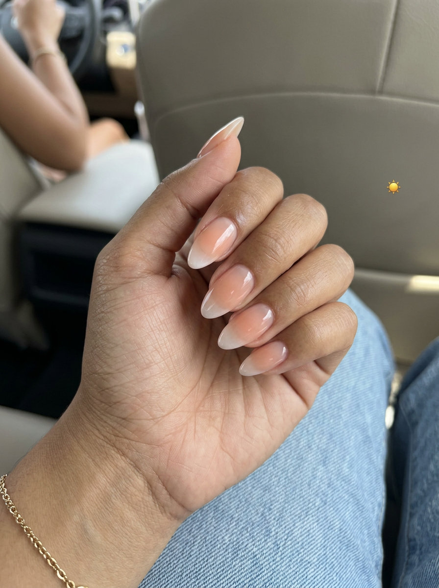 Romantic Summer Ombre Nails 2026: Peach Fuzz Jelly French Romantic wedding guest summer ombre nails 2026 in peach fuzz jelly French style.