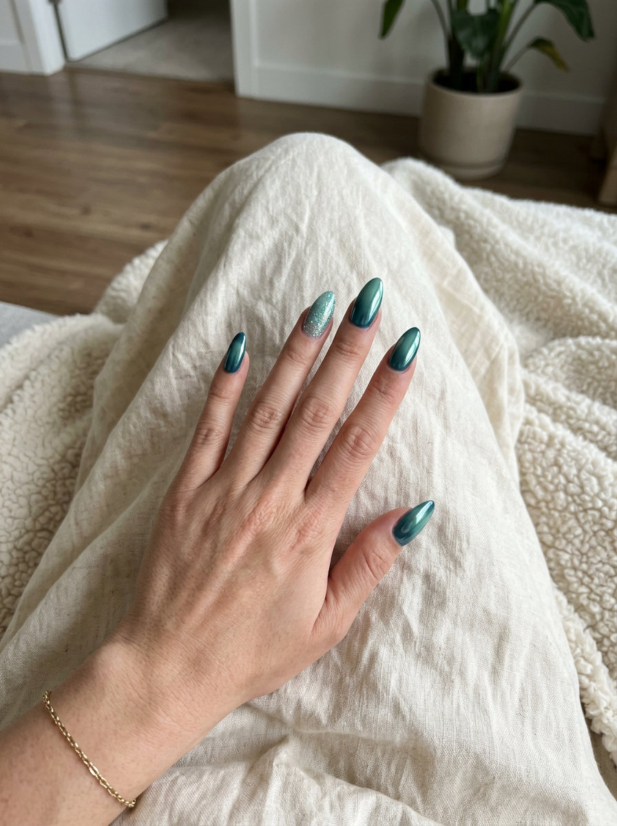 Futuristic Summer Ombre Nails 2026: Seafoam Chrome Almond Futuristic party summer ombre nails 2026 in seafoam green chrome almond.