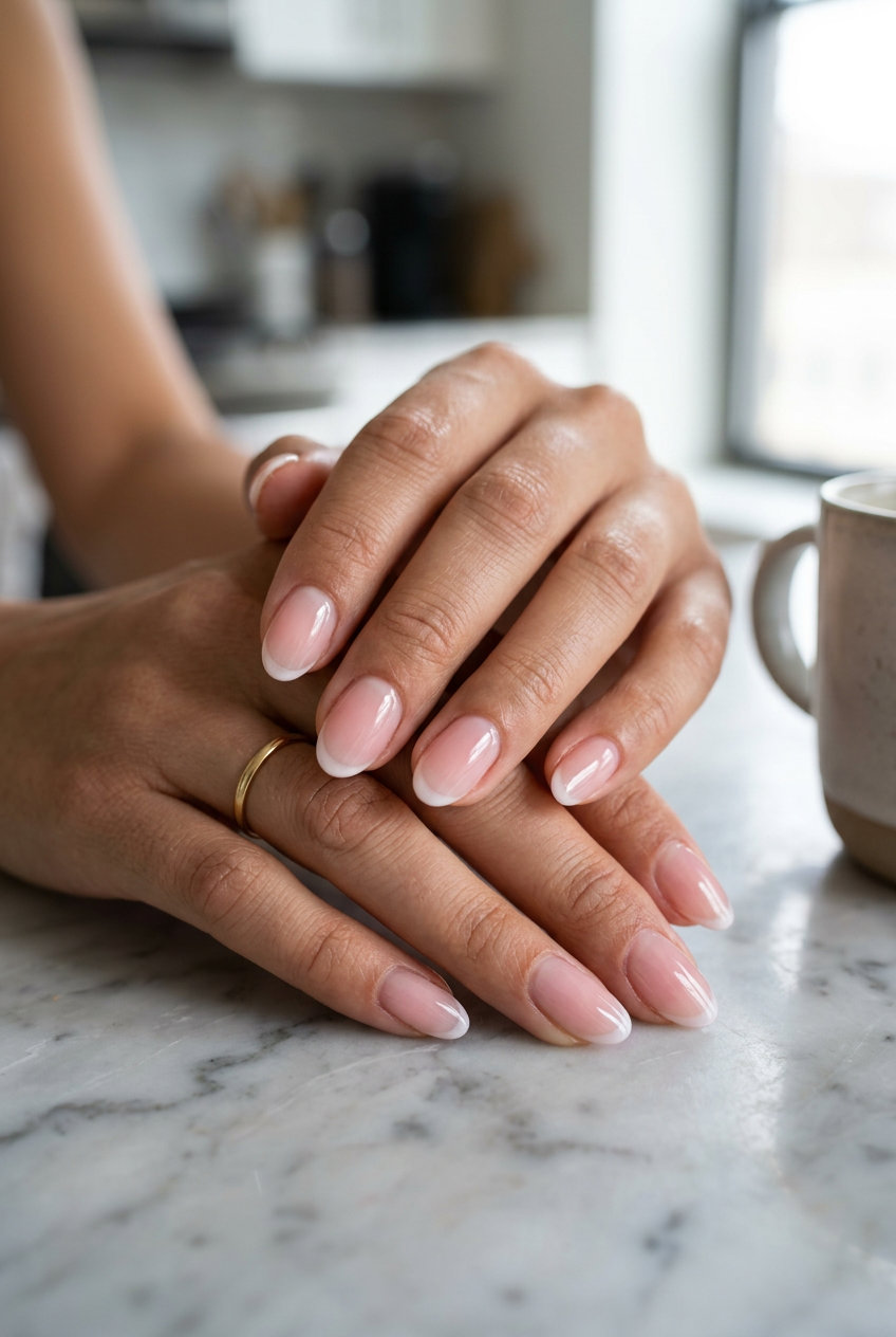 Elegant Summer Ombre Nails 2026: Pink Micro French Oval Elegant work-appropriate summer ombre nails 2026: Sheer Pink Micro French Oval.