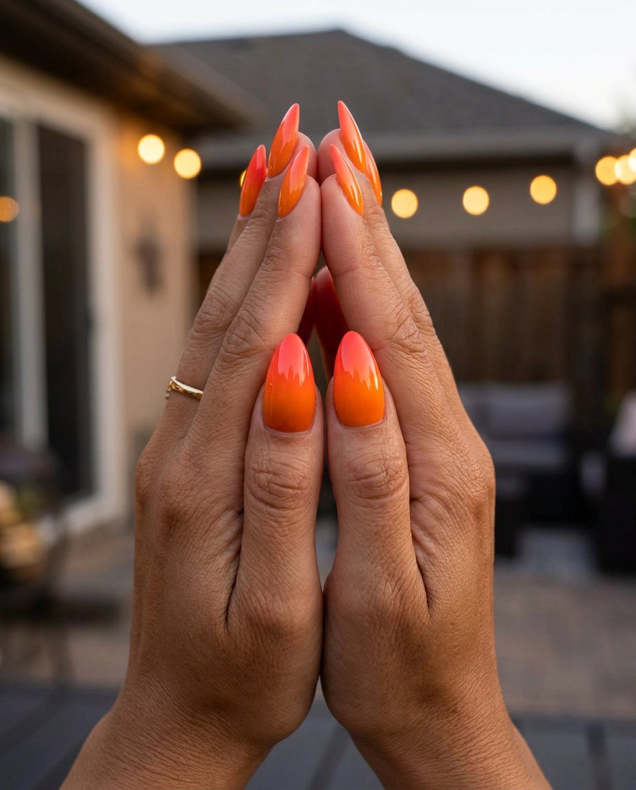 Bold date night summer ombre nails 2026 in sunset orange glossy stiletto.