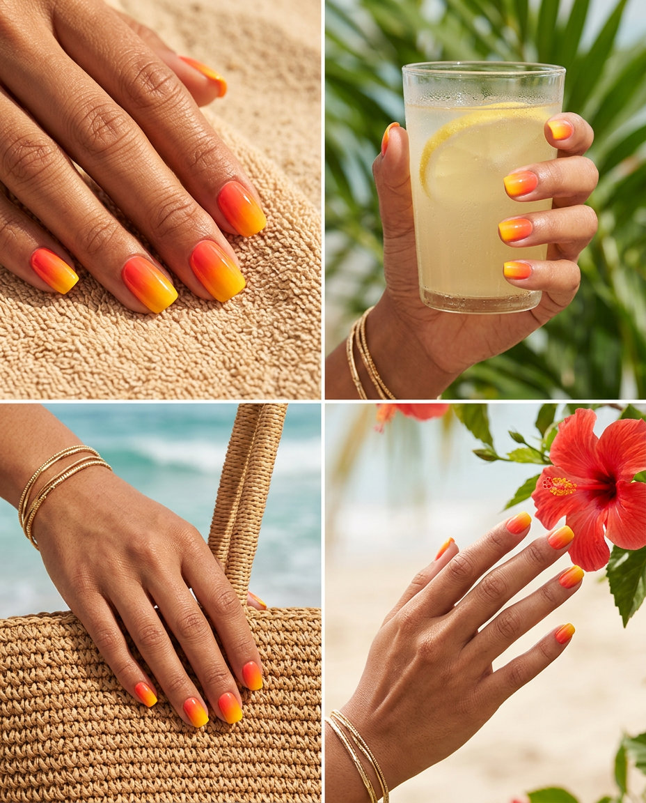 Tropical Sunset Ombre Nails 2026 | Beach Party Style Tropical Sunset Ombre Short Square nails for summer ombre nails 2026, vibrant for beach parties.