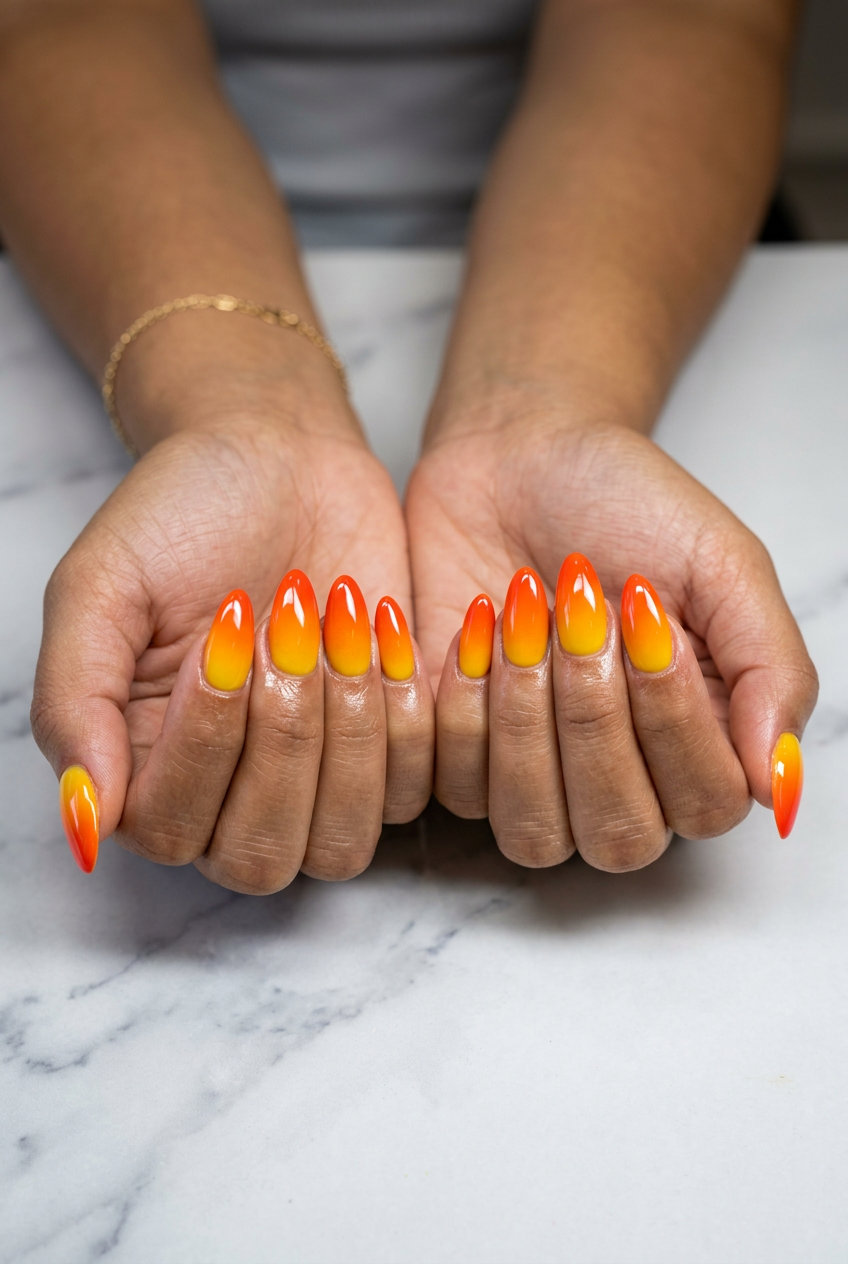 Tropical Fruit Ombre Nails 2026: Bold Vacation Style Bold tropical fruit ombre nails in yellow, orange, and red for summer vacation 2026. Playful long almond.