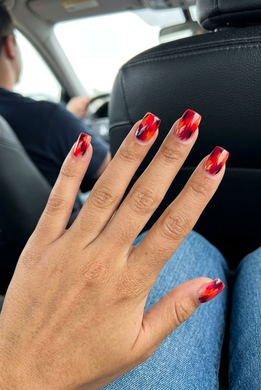 Summer Red Nails 2026: Abstract Red Canvas Abstract Red Canvas nails for summer red nails 2026. Edgy festival & night out look with glossy finish.
