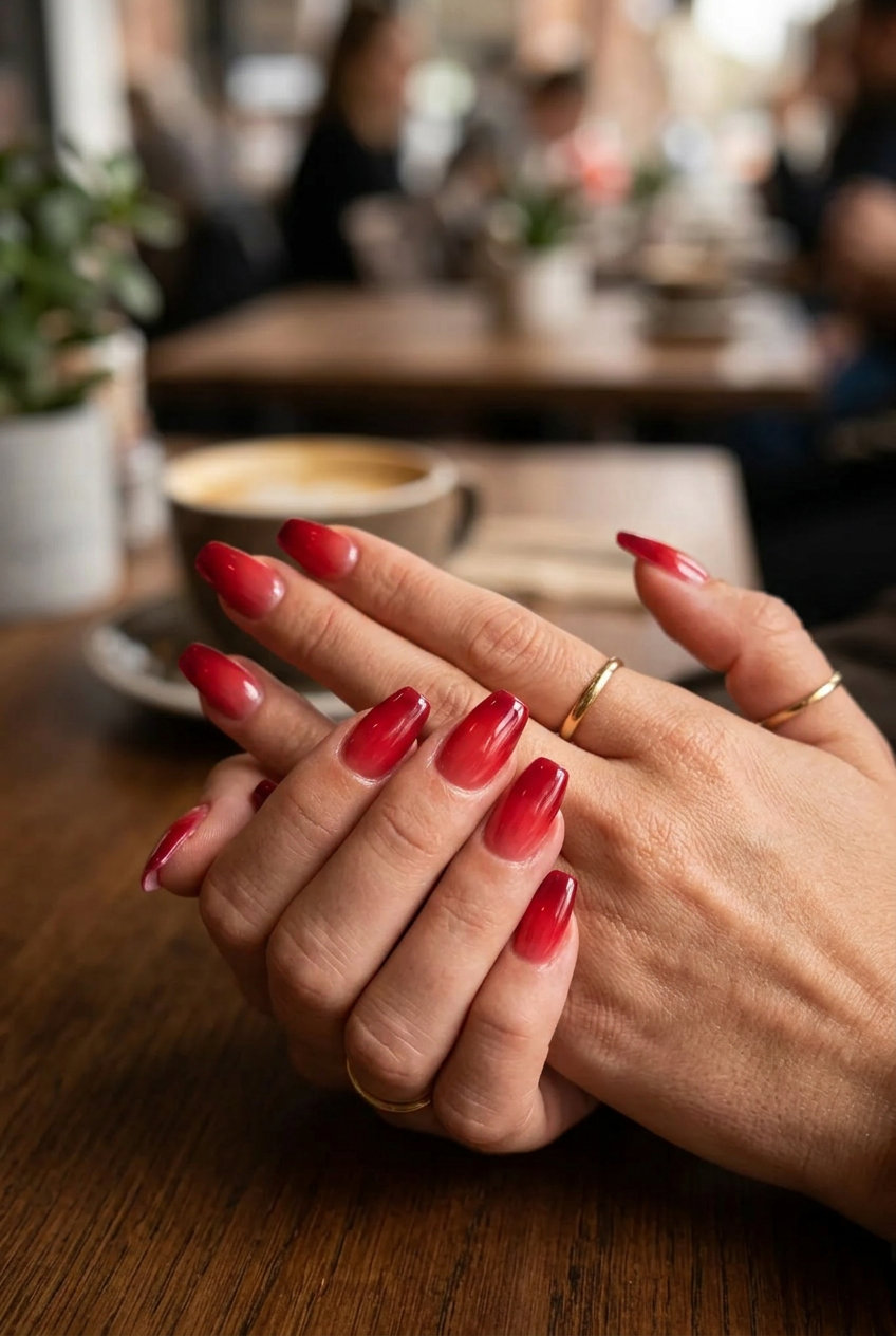 Summer Red Nails 2026: Cherry Red Aura Gradient Cherry Red Aura Gradient Coffin nails for summer red nails 2026. Trendy party & concert look with glossy finish.