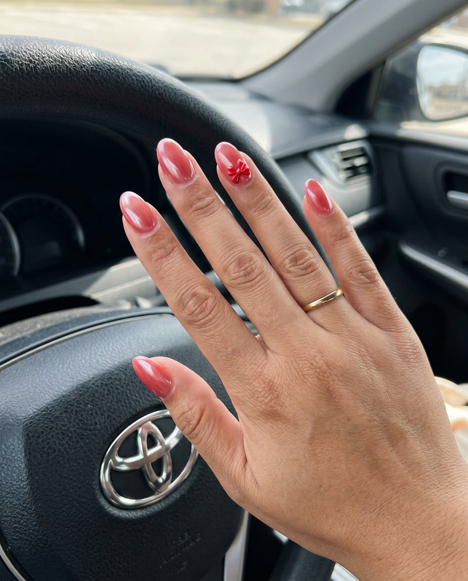 Summer Red Nails 2026: Cherry Red Glazed Donut Cherry Red Glazed Donut Accent nails for summer red nails 2026. Whimsical daily wear with 3D bows.