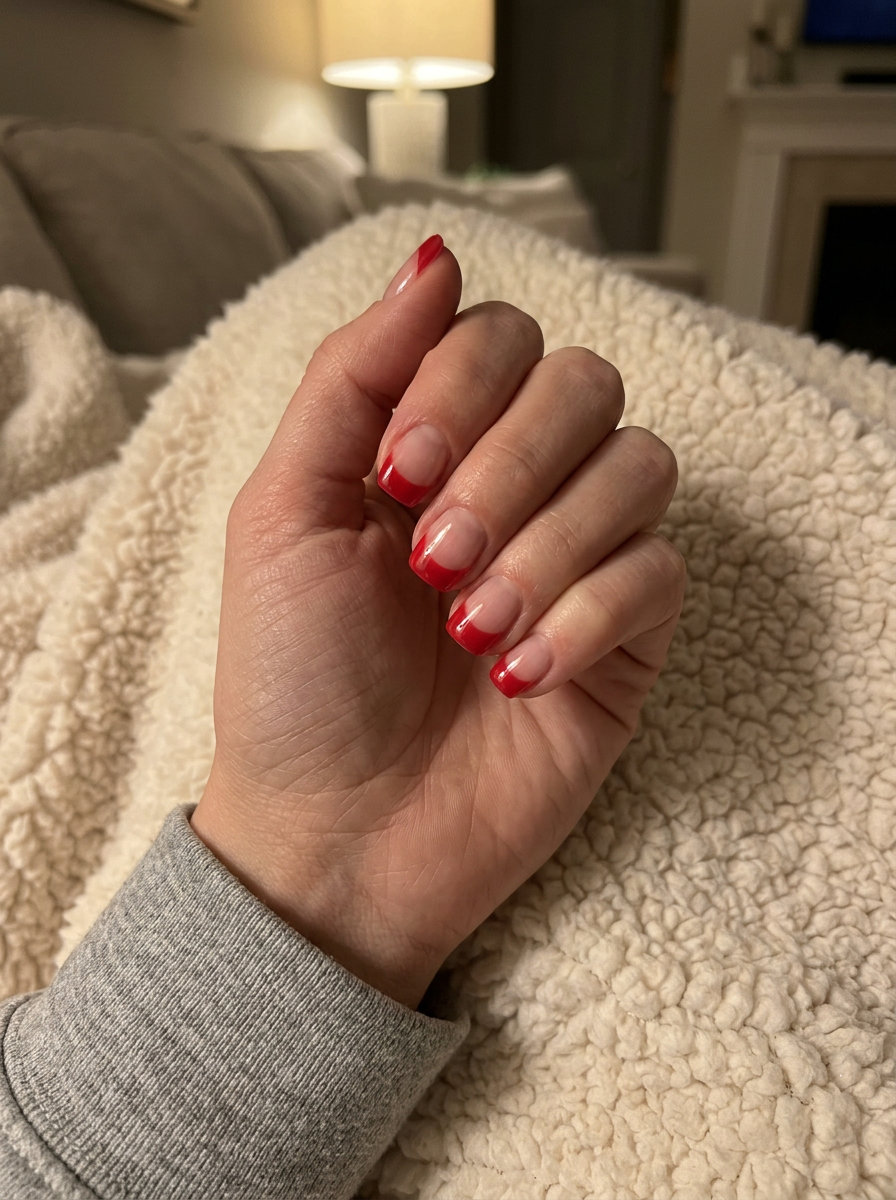 Summer Red Nails 2026: Cherry Red Negative Space Cherry Red Negative Space French nails for summer red nails 2026. Minimalist casual & brunch look.