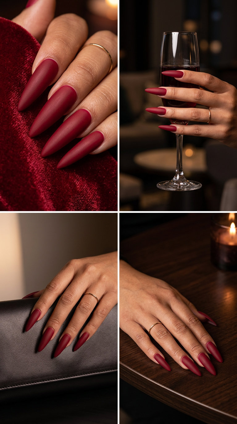 Crimson Matte Stiletto Nails 2026 | Night Out Style Deep crimson matte stiletto nails for summer red nails 2026, perfect for nights out and festivals.