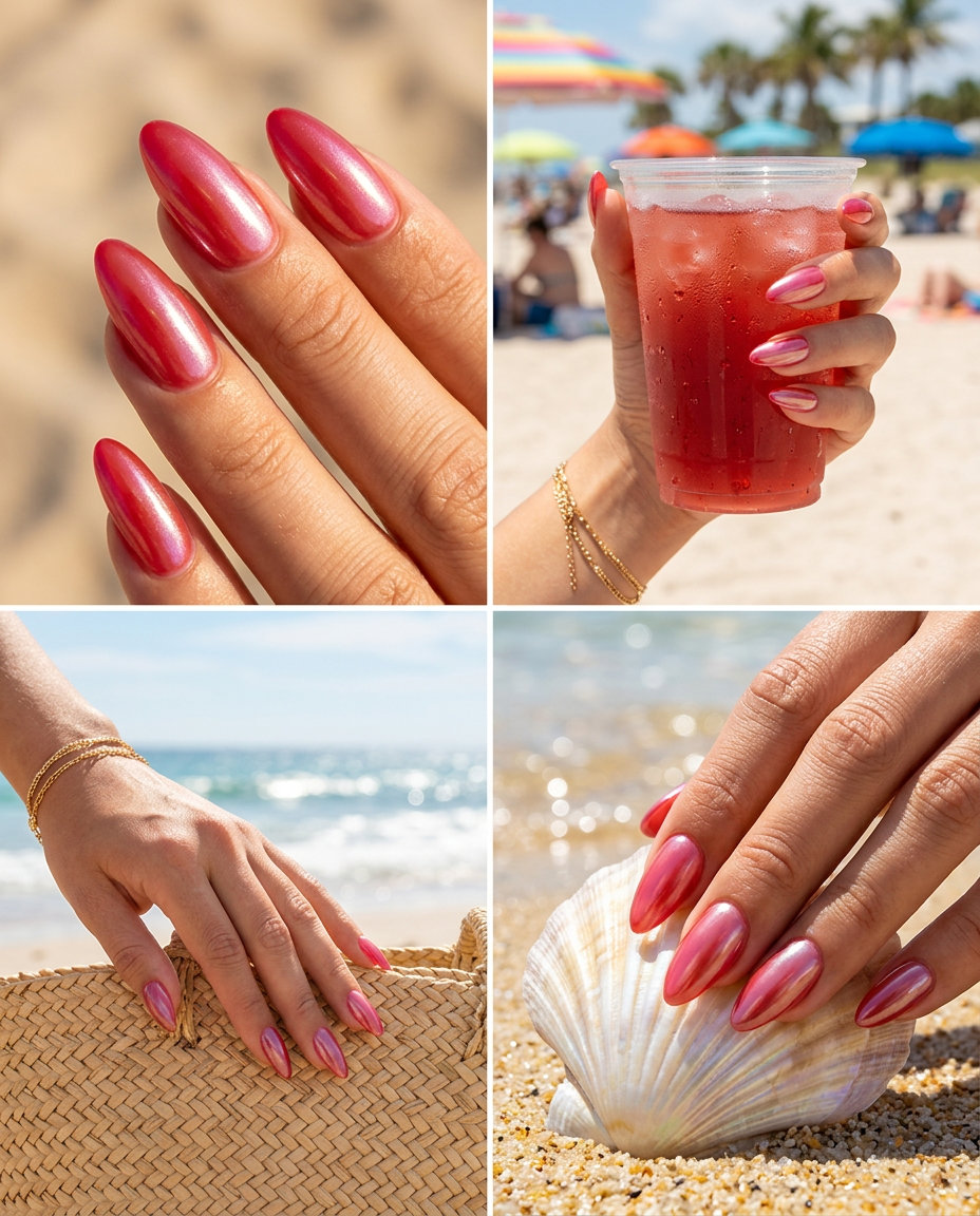 Dewy Cherry Glaze Nails 2026 | Vacation Vibes Dewy Cherry Glaze almond nails for vacation, featuring sheer red with pearlescent white shift. Summer red nails 2026.