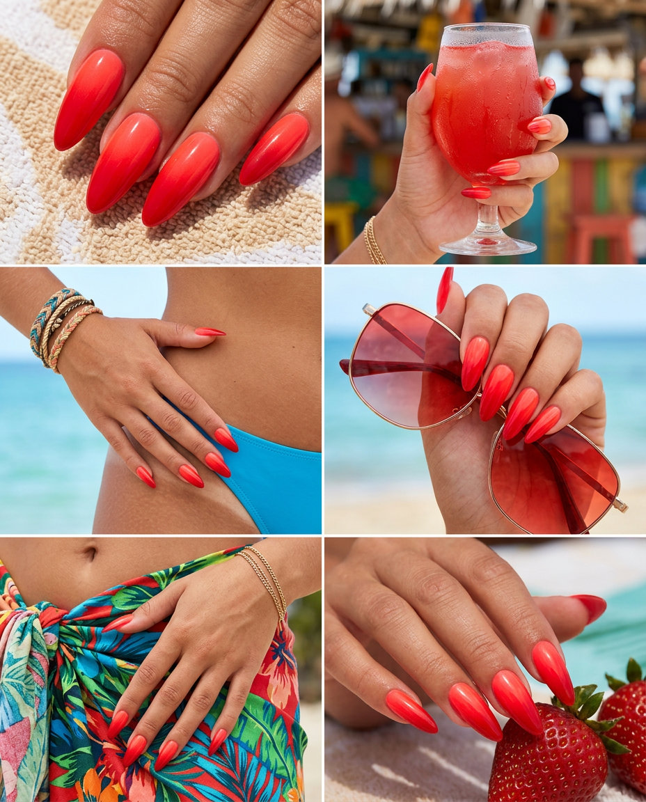 Red Gradient Stiletto Nails 2026 | Festival Ready Fire engine red airbrushed gradient stiletto nails for festivals, offering a futuristic and edgy look. Summer red nails 2026.
