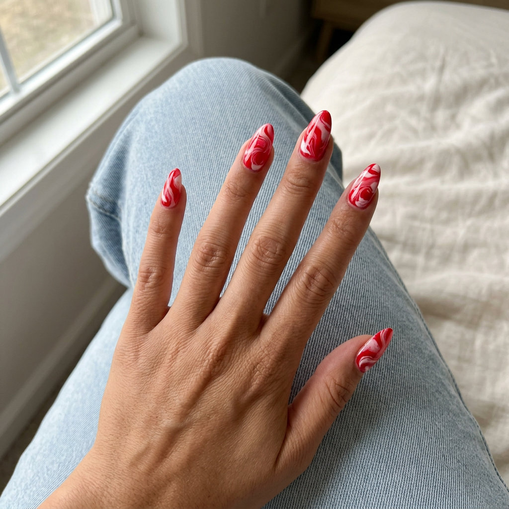 Red Swirl Marble Nails 2026 | Party & Date Night Style Artistic red swirl marble nails for summer red nails 2026, ideal for parties and date nights.