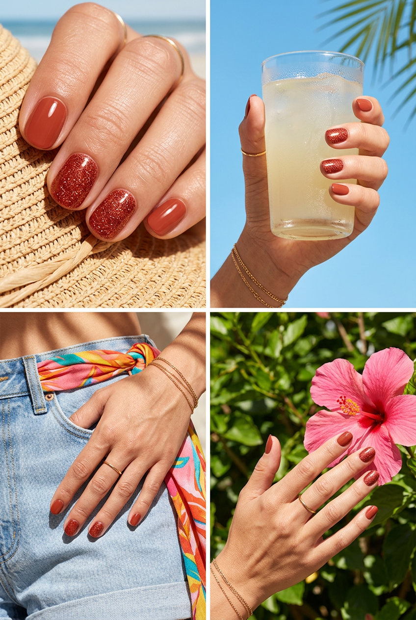Terracotta Red Glitter Nails 2026 | Summer Festival Style Terracotta red glitter accent nails for summer red nails 2026, perfect for casual outings and festivals.