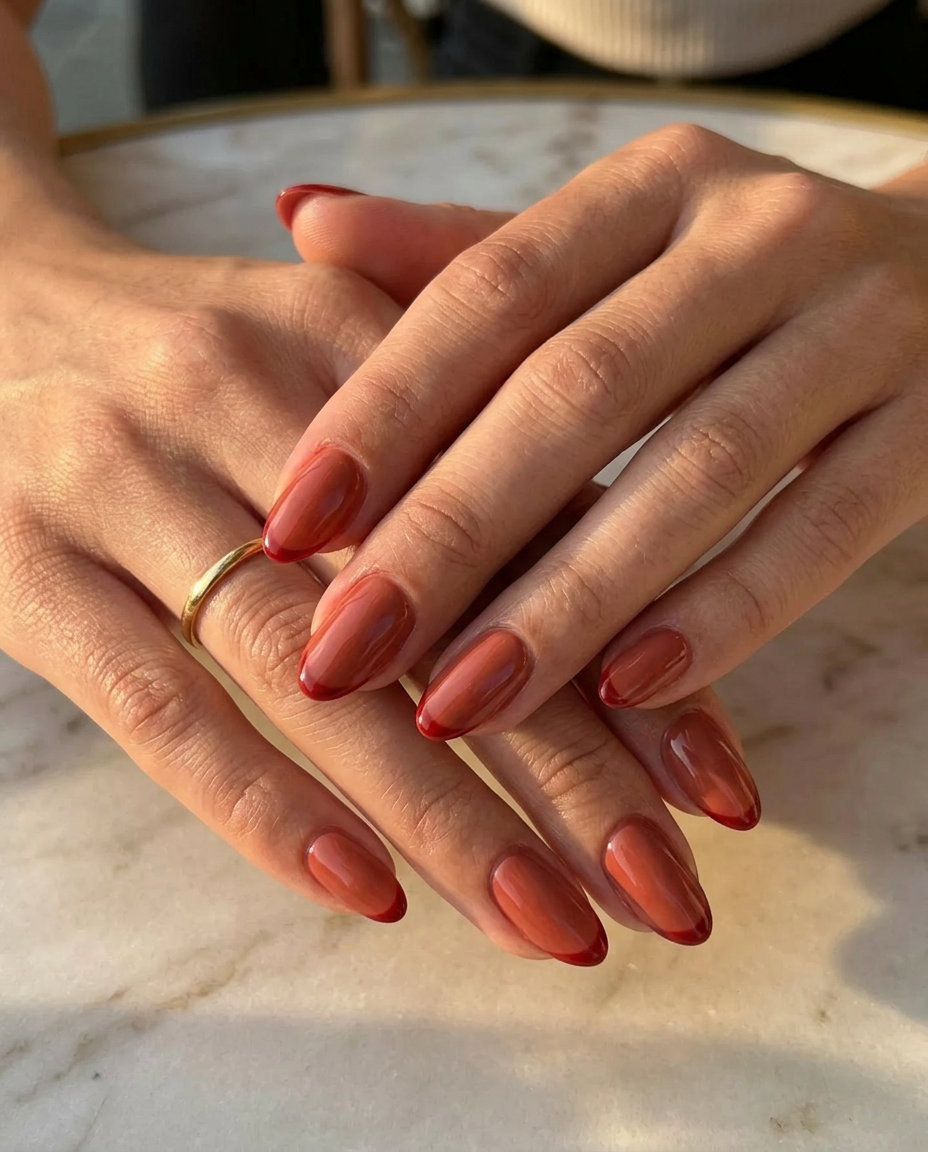Terracotta Micro-French Nails 2026 | Casual Chic Style Terracotta red micro-French nails for summer red nails 2026, perfect for daily wear and casual outings.