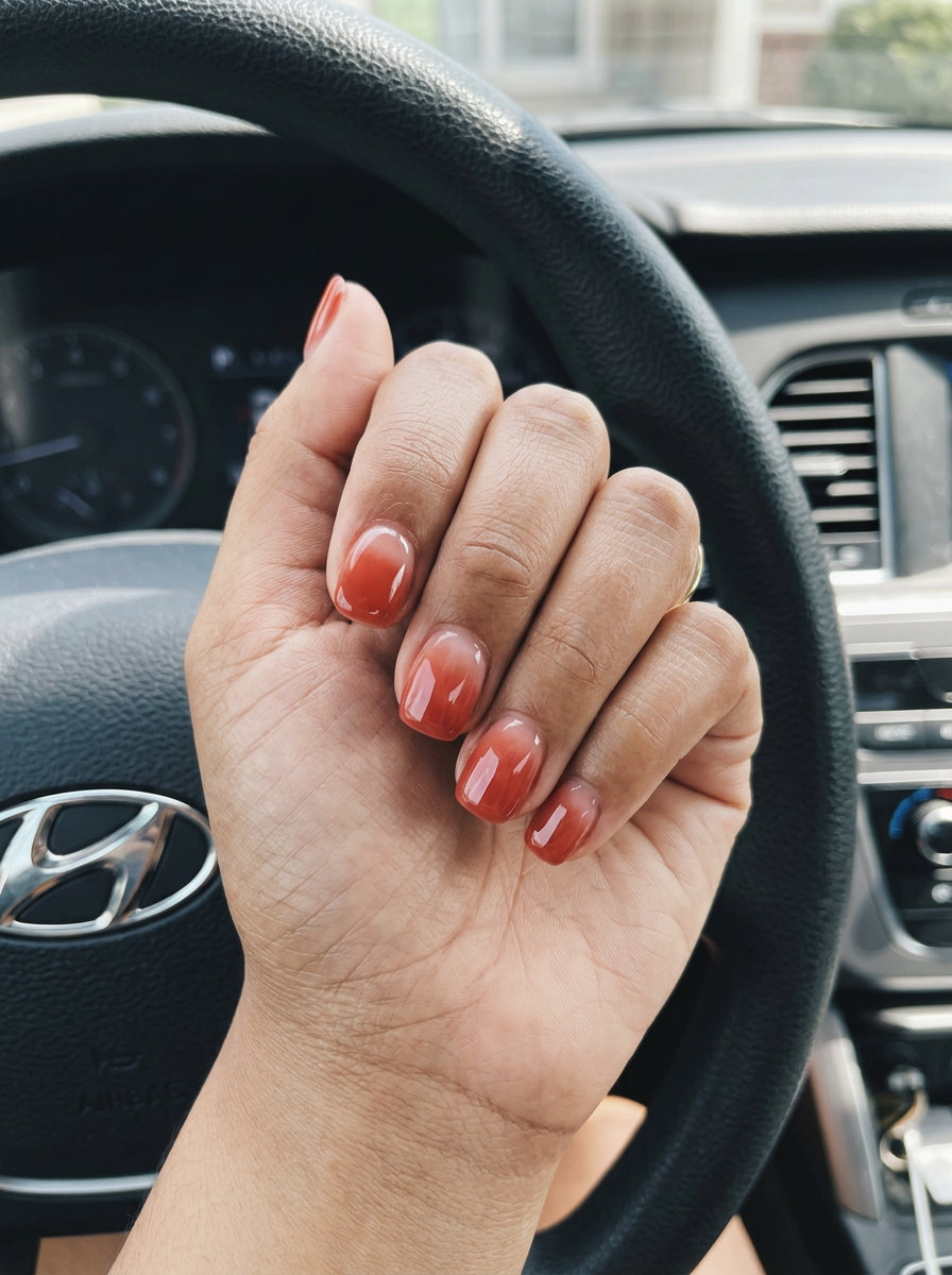 Summer Red Nails 2026: Terracotta Red Jelly Ombre Terracotta Red Jelly Ombre nails for summer red nails 2026. Chic casual & brunch look with glossy finish.