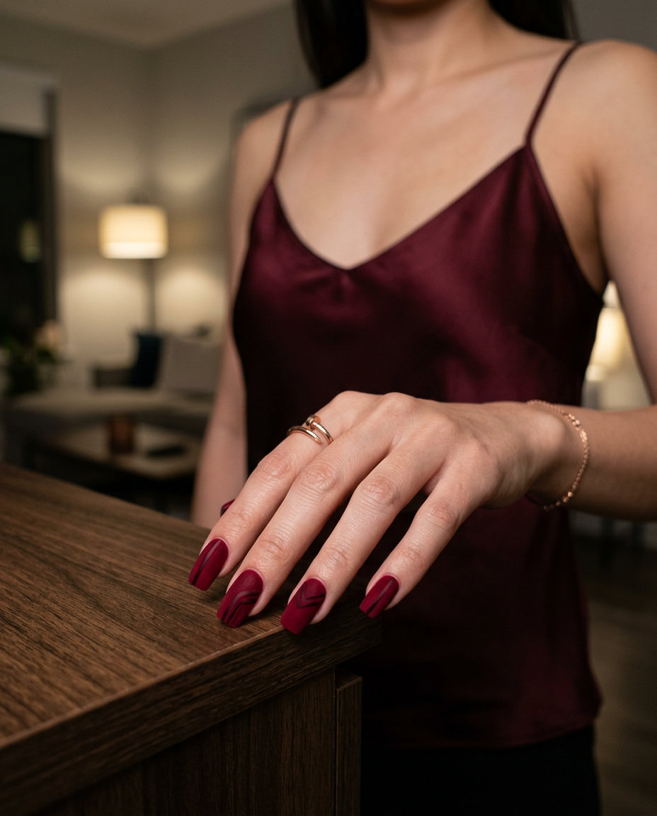 Summer Red Nails 2026: Velvet Deep Crimson Lines Velvet Deep Crimson Lines nails for summer red nails 2026. Elegant formal & date night look with matte finish.