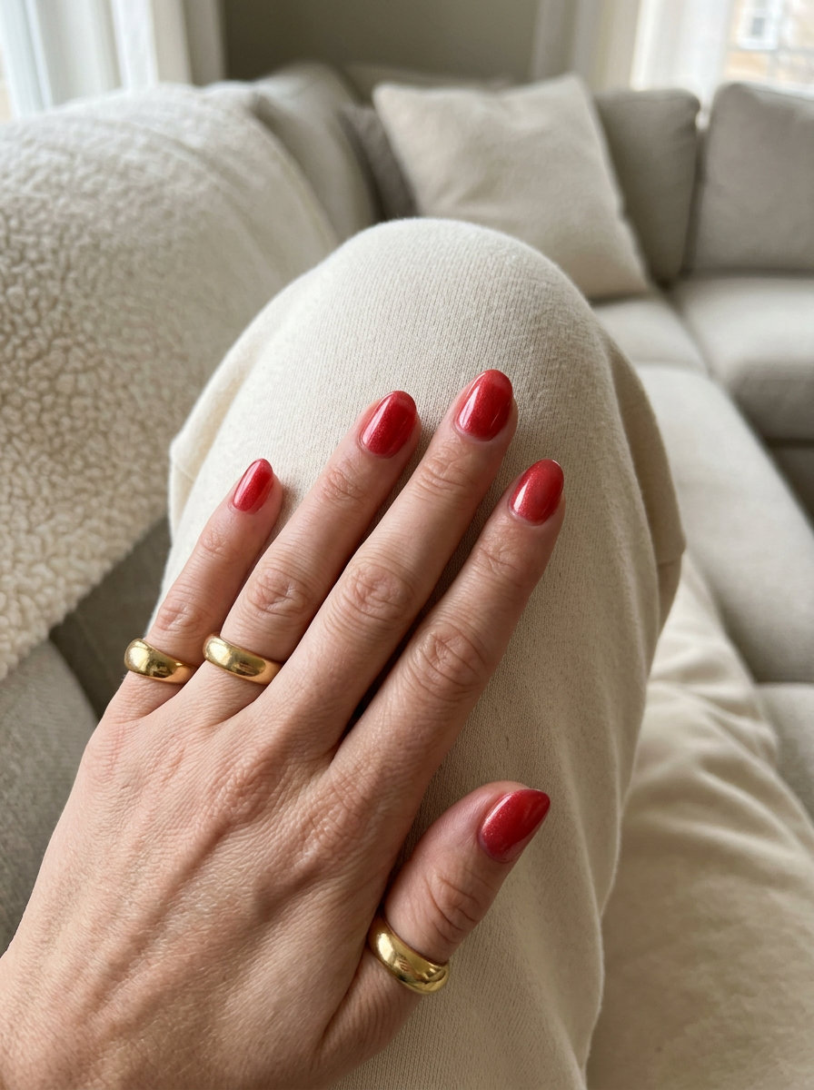 Summer Red Nails 2026: Whisper of Red Shimmer Whisper of Red Shimmer Oval nails for summer red nails 2026. Elegant daily & office look with subtle shimmer.