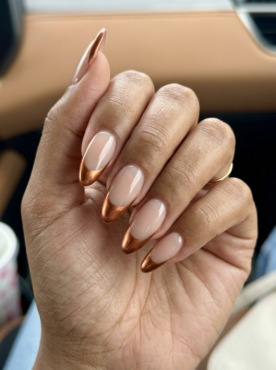 Copper Metallic French Tips for summer vibes nails 2026. Sophisticated metallic copper tips on almond nails for formal events.