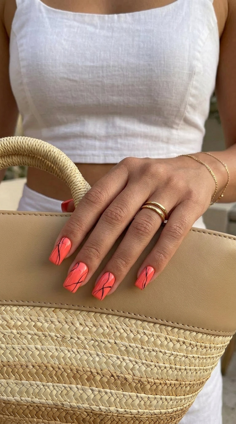 Coral Line Art Square Nails 2026: Casual Chic Coral Line Art Square Nails 2026: Chic vibrant coral with minimalist black lines for summer vibes.