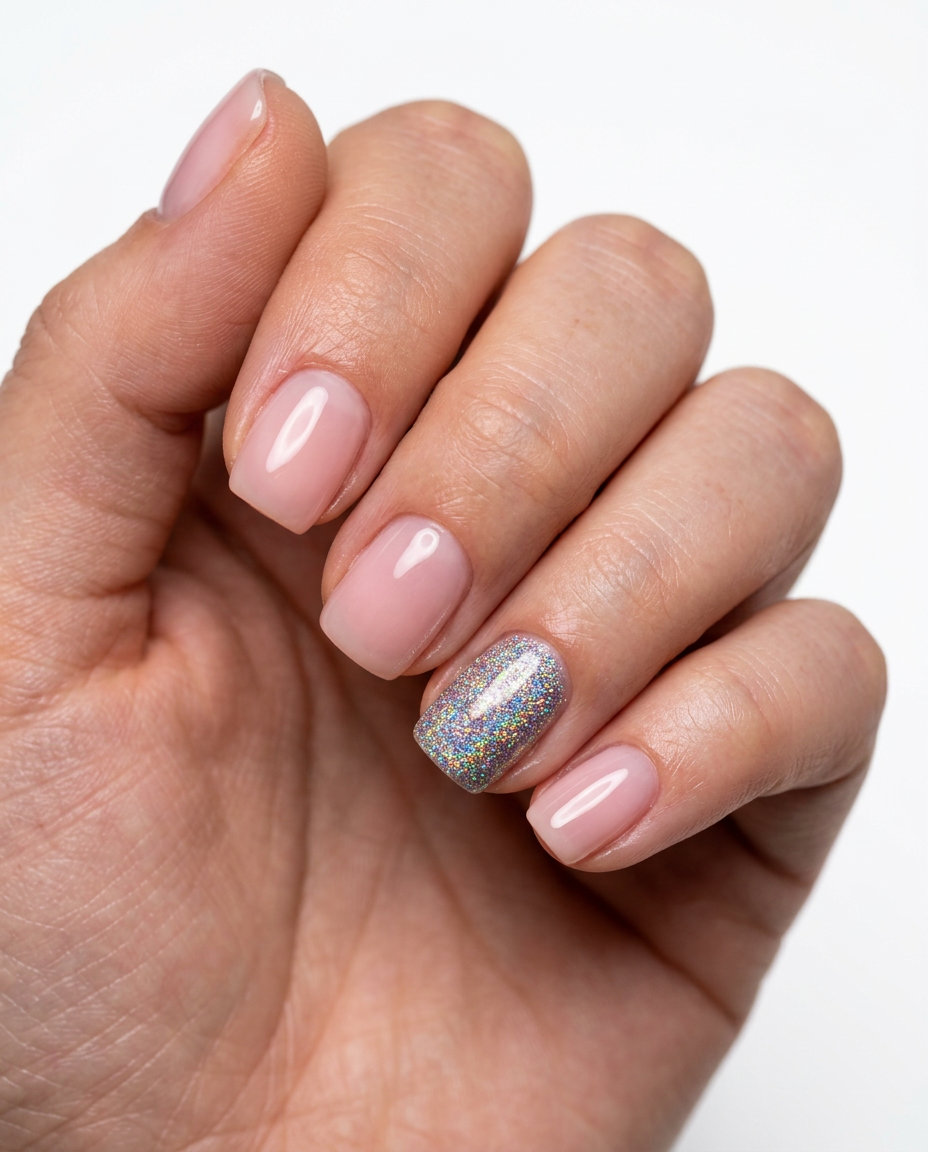 Cosmic Glitter Nails 2026: Festival Sparkle Cosmic glitter accent nails with sheer pink base for summer vibes nails 2026, ideal for festivals and parties.
