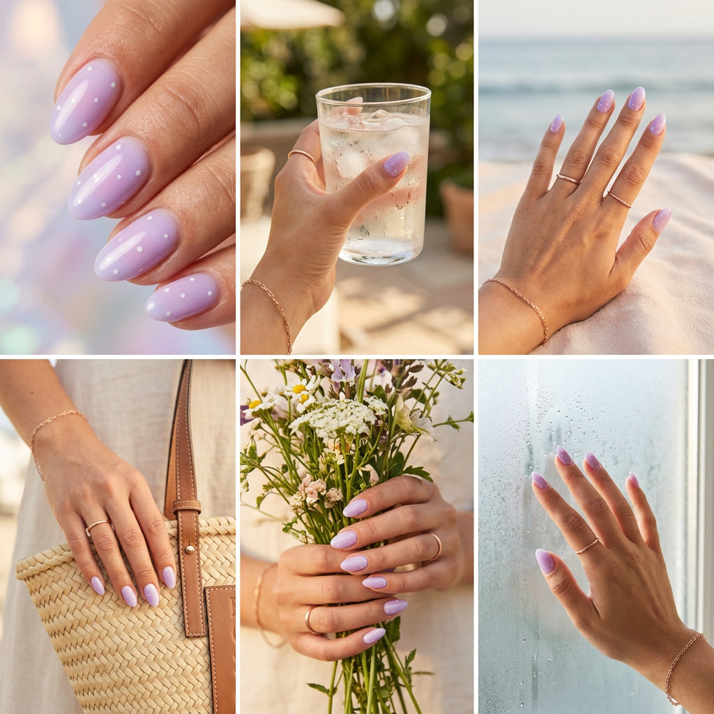 Lavender Aura Dots - Summer Vibes Nails 2026 Lavender Aura Dots nails for summer vibes nails 2026. Romantic soft lavender aura with white dots on oval nails.