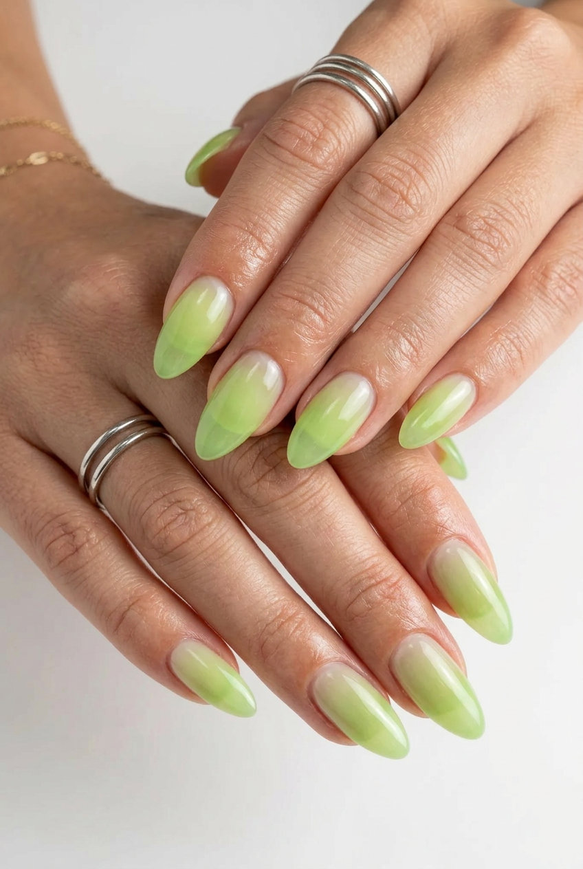 Limeade Gradient French Tips - Summer Vibes Nails 2026 Limeade Gradient French Tip nails for summer vibes nails 2026. Fresh sheer lime green tips on short coffin nails. Perfect for casual weekend wear.